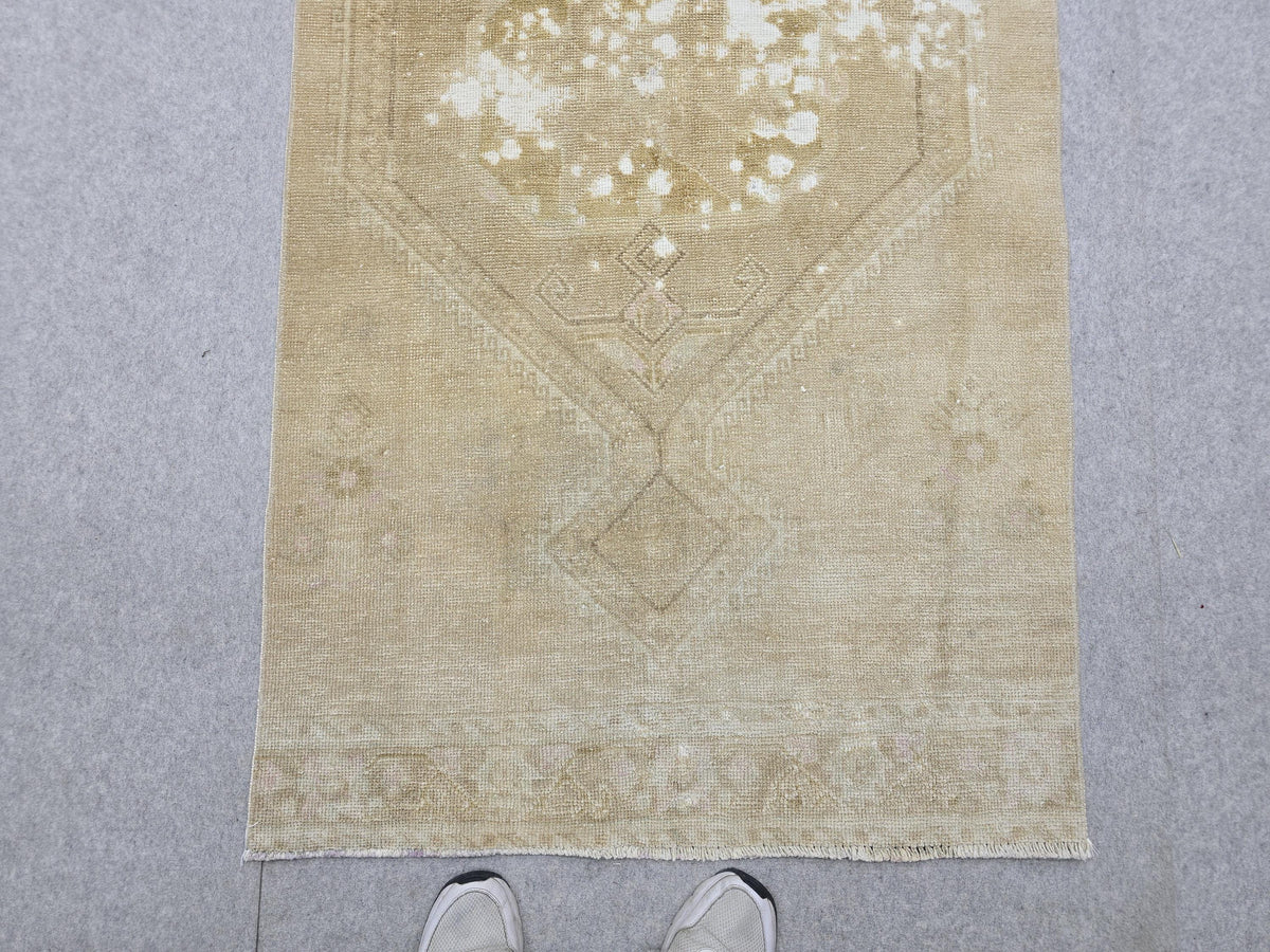 Turkish Rug 3x13, Antique Neutral Runner, Hand Knotted Wool Oushak Runner, Faded Camel Beige Hallway Carpet, Distressed Boho Stair Rug