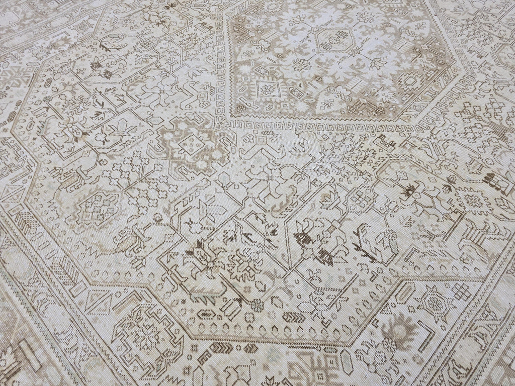 10x12 Ivory Anatolian Rug: Large Wool Oushak Geometric Carpet