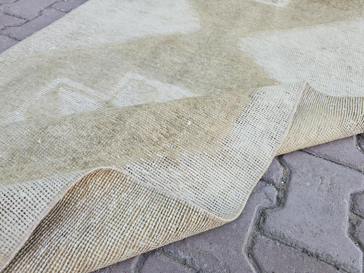 Beige Oushak Runner: Handmade Wool Anatolian Style Neutral Turkish Rug, 3.3x12.65 ft