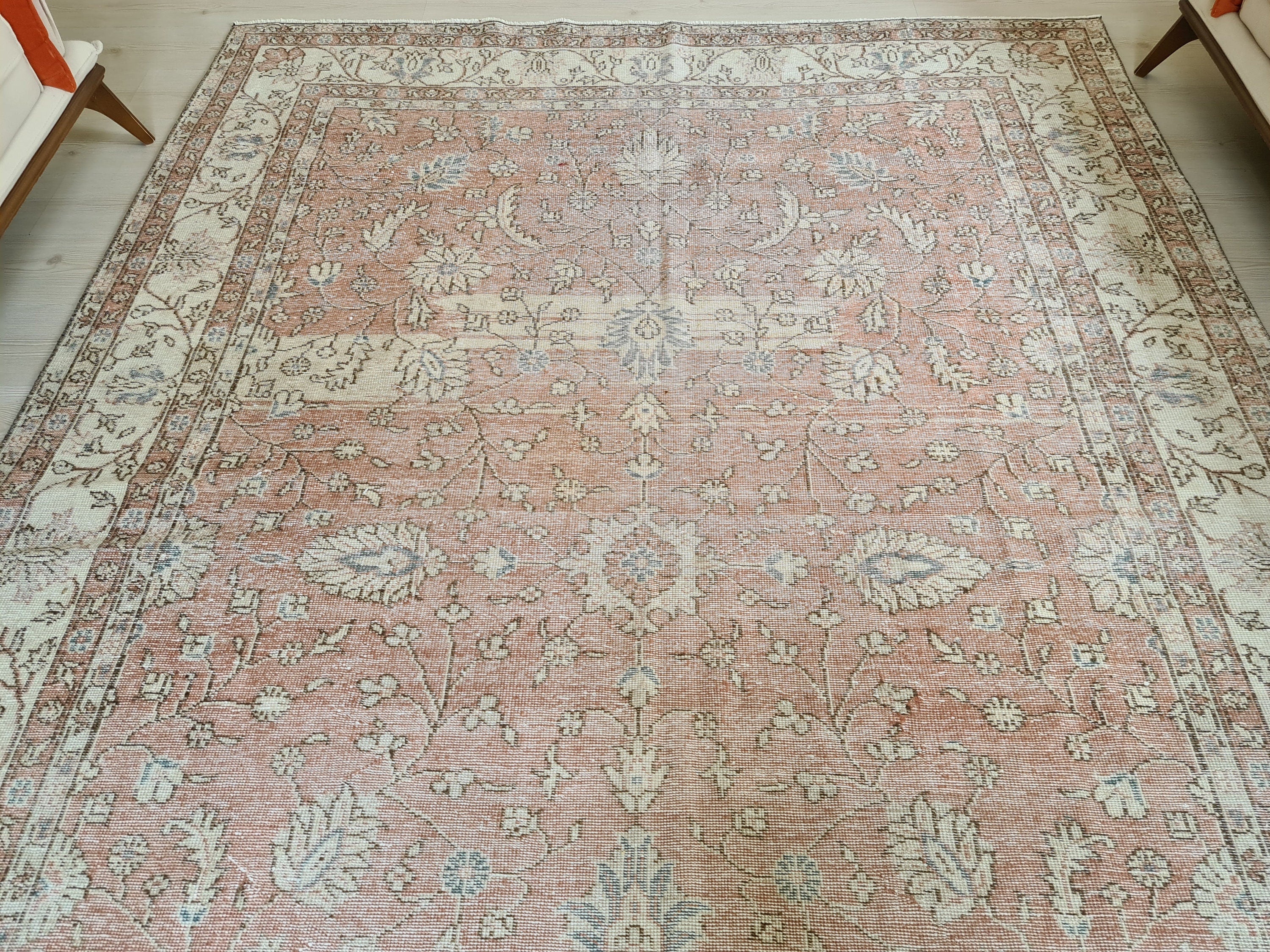 7x10 Vintage Turkish Rug: Hand knotted Wool Oushak area Rug -  6.8 x 9.9 ft, Organic Wool