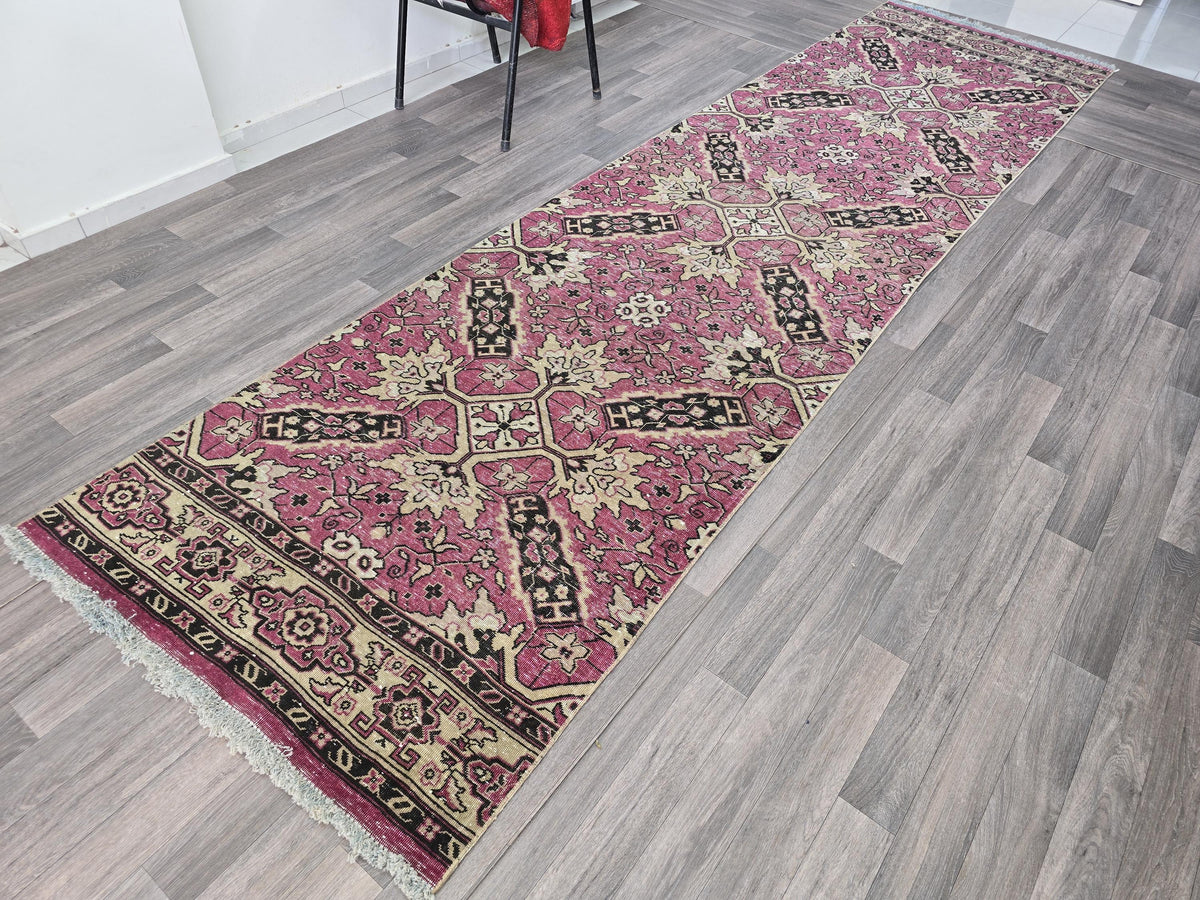 Hand-Knotted Wool Runner Rug: Vintage Floral Bohemian Decor (3.60x13.65 Feet)