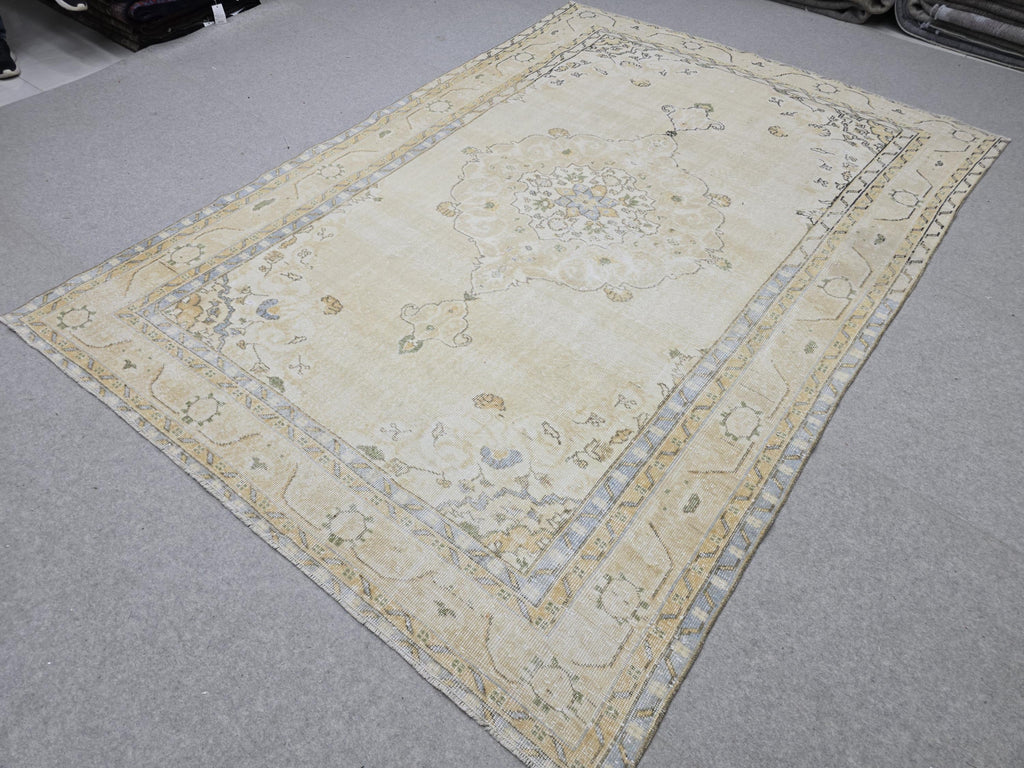 Vintage Turkish Oushak Rug 7x10, Cream Floral Wool Carpet