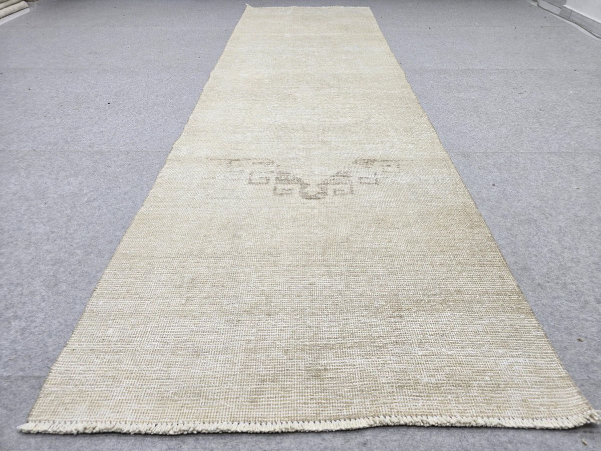 Vintage Runner Rug 3.5x11, Ivory Oushak Hallway Runner, Minimal Plain Wool Corridor Rug, Wide Cream Stair Runner for Bedroom Decor