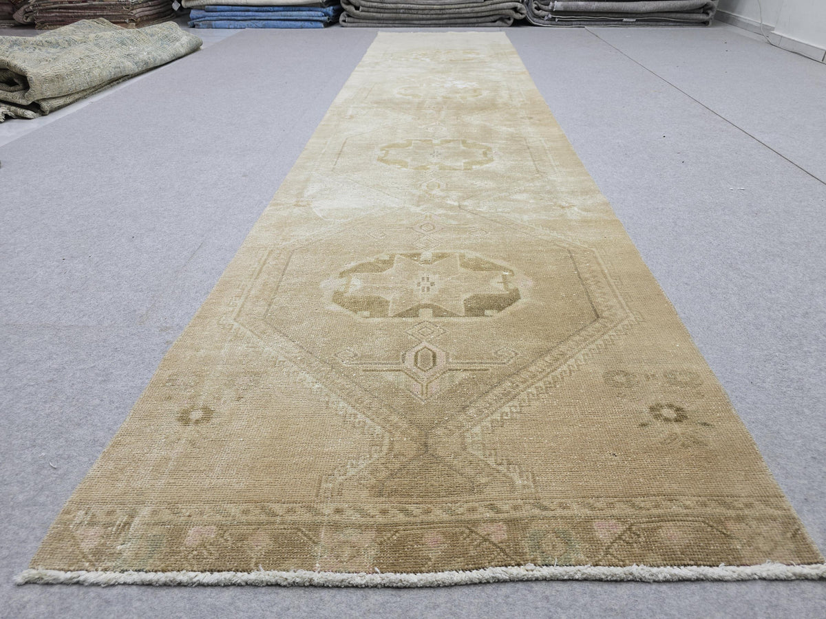 Turkish Rug 3x13, Antique Neutral Runner, Hand Knotted Wool Oushak Runner, Faded Camel Beige Hallway Carpet, Distressed Boho Stair Rug