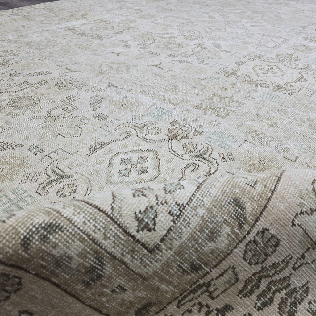 Oushak Rug 9x13: Hand Knotted Wool Area Rug, Distressed Neutral Turkish Carpet (9.4x12.7 ft.)