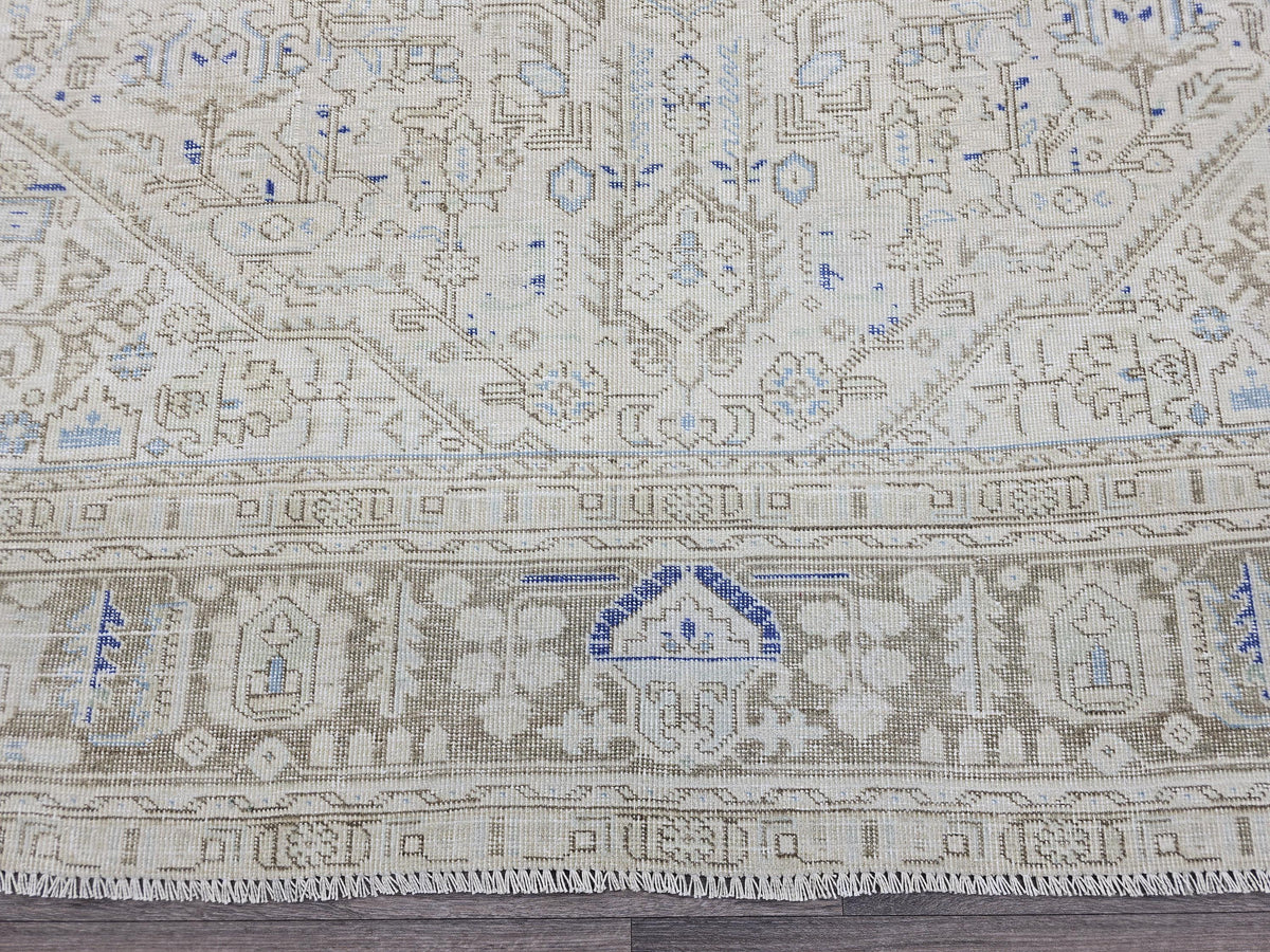 Vintage Turkish Oushak Rug 9x12: Hand-Knotted Wool, Beige & Blue