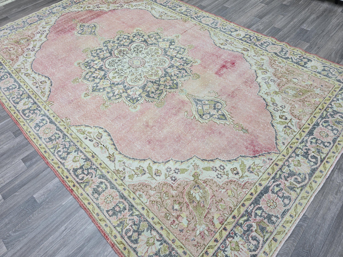 Vintage Turkish Oushak Rug: 7x11 Pink Floral Wool Carpet