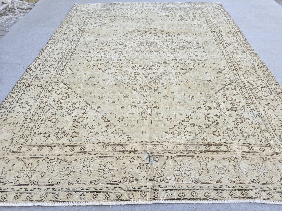 Turkish Rug 8x11 | Neutral Oushak Style Medallion Rug | Hand Knotted Vintage Wool Beige Area Carpet | Living Room Office Decor
