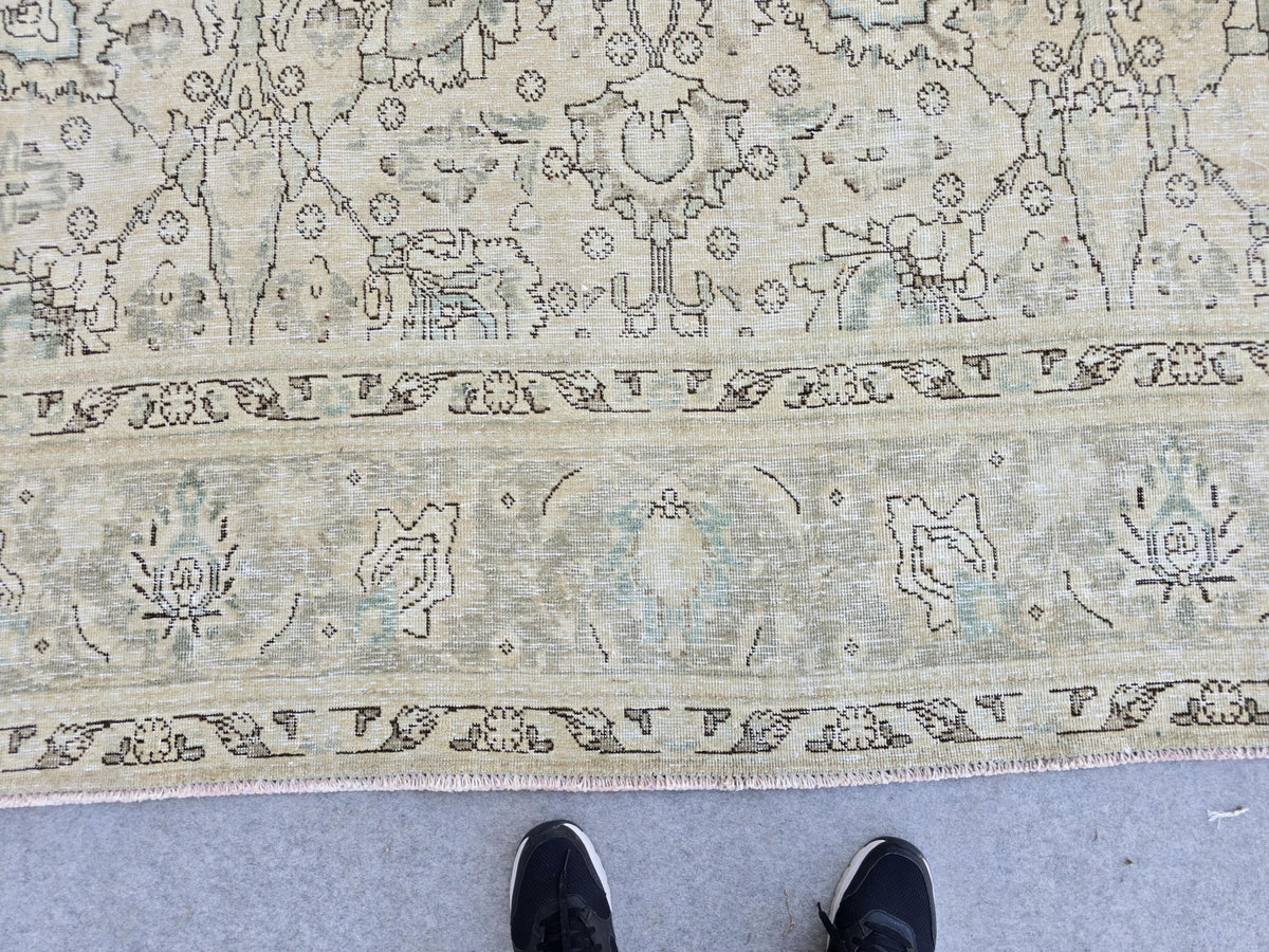 Turkish Rug 10x12, Neutral Oushak Rug, Sage Green Beige Rug, Hand Knotted Large Wool Carpet, Vintage Living Room Rug, Boho Decor