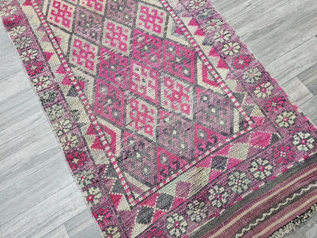 Hand Knotted Wool Turkish Runner: Vintage Geometric Hallway Rug (2.70x14.70 ft)