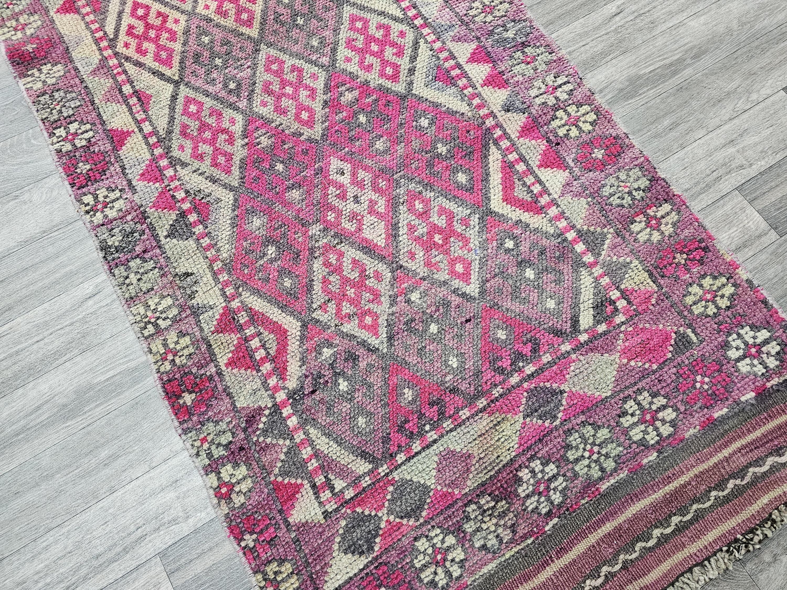 Hand Knotted Wool Turkish Runner: Vintage Geometric Hallway Rug (2.70x14.70 ft)