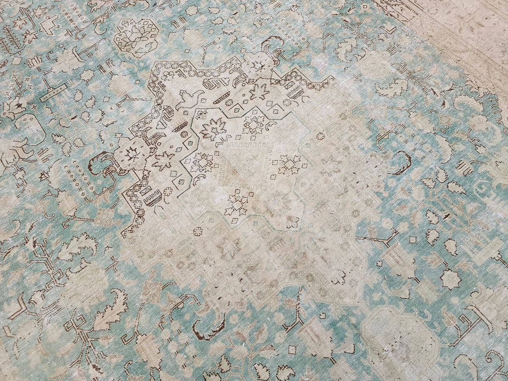 Oversize Hand-Knotted Wool Turkish Rug: Beige & Sage Green Oushak (9.80x12.20 ft)