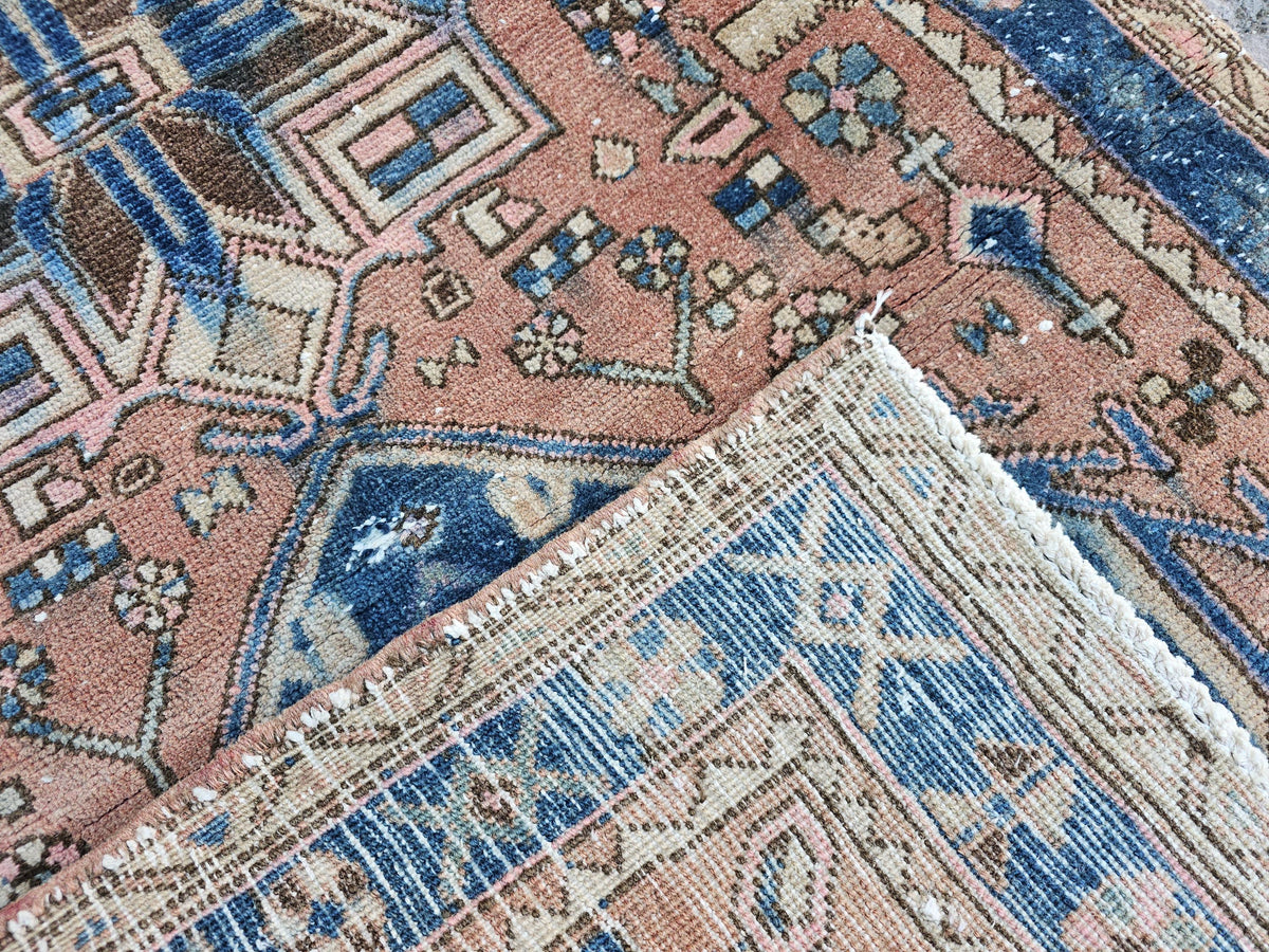 Antique Wool Runner Rug: Hand-Knotted Geometric Design (3.50x10.60 ft)