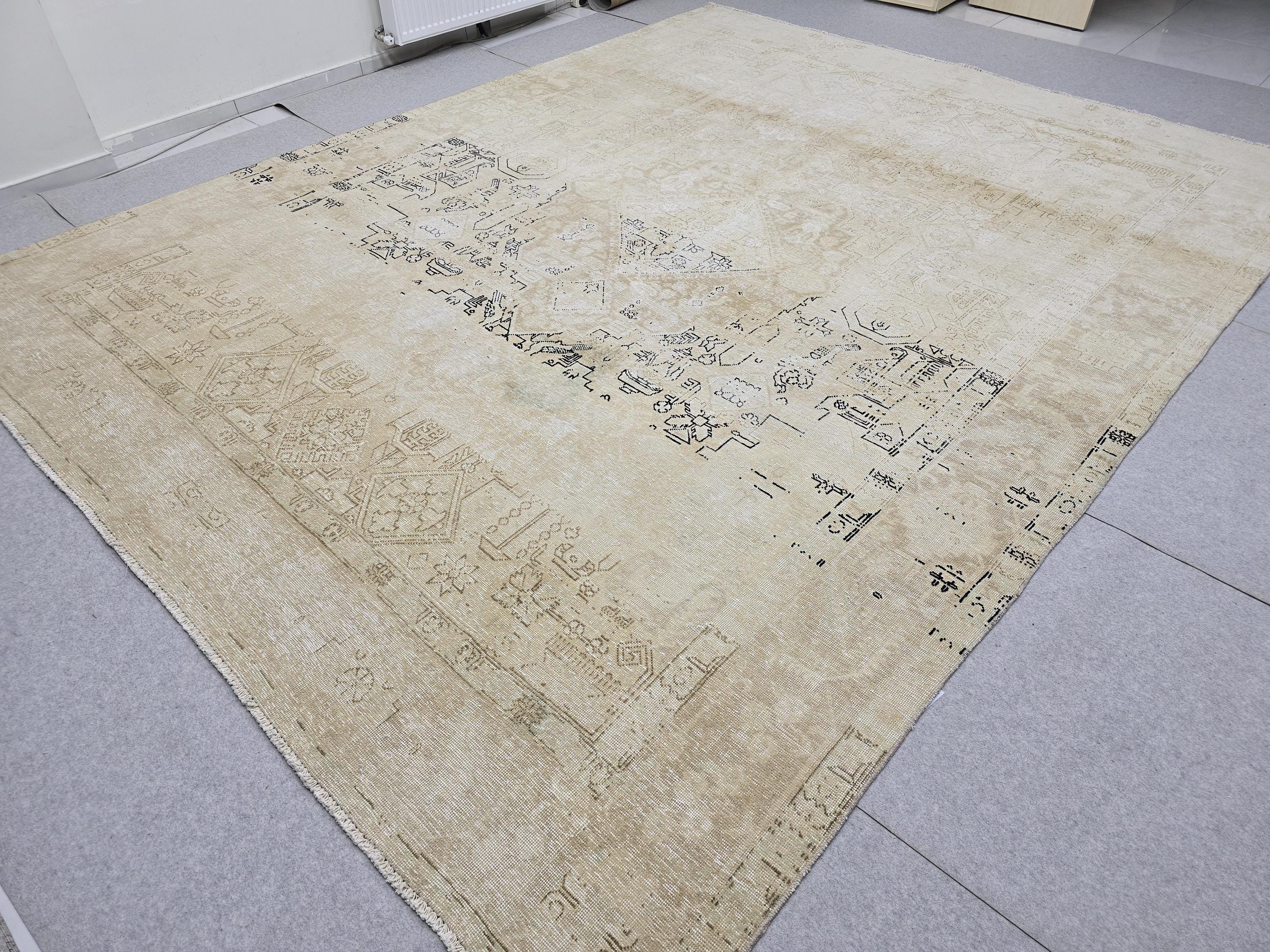 Vintage Rug 9x12, Distressed Cream Oushak Carpet, Faded Beige Medallion Hand Knotted Wool Area Rug for Dining Room