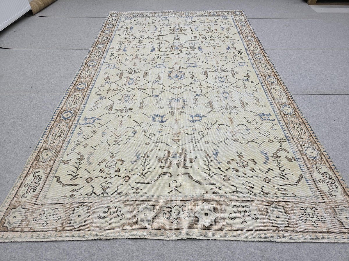 Vintage Turkish Oushak Rug 6x9, Hand Knotted Cream Blue Floral Carpet