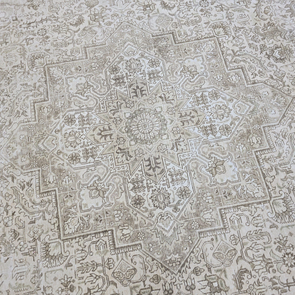9x12 Hand-Knotted Oushak Rug: Neutral Distressed Vintage Turkish Carpet