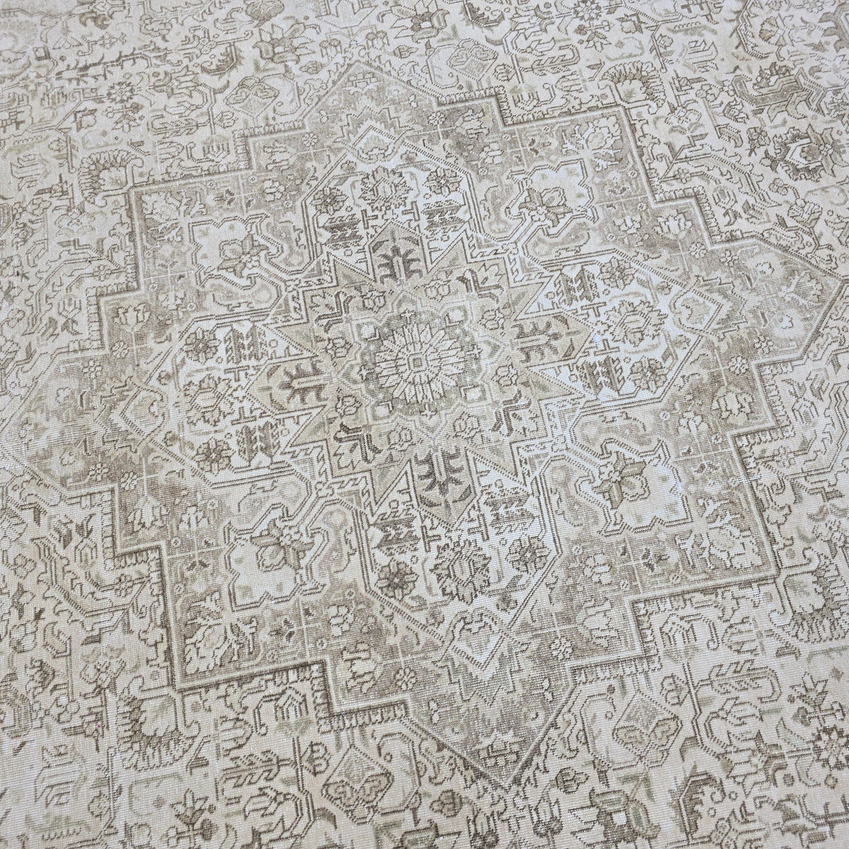 9x12 Hand-Knotted Oushak Rug: Neutral Distressed Vintage Turkish Carpet