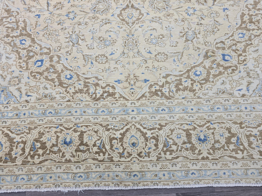 Vintage Oushak Rug 9x12: Handmade Wool, Blue Beige Floral Medallion