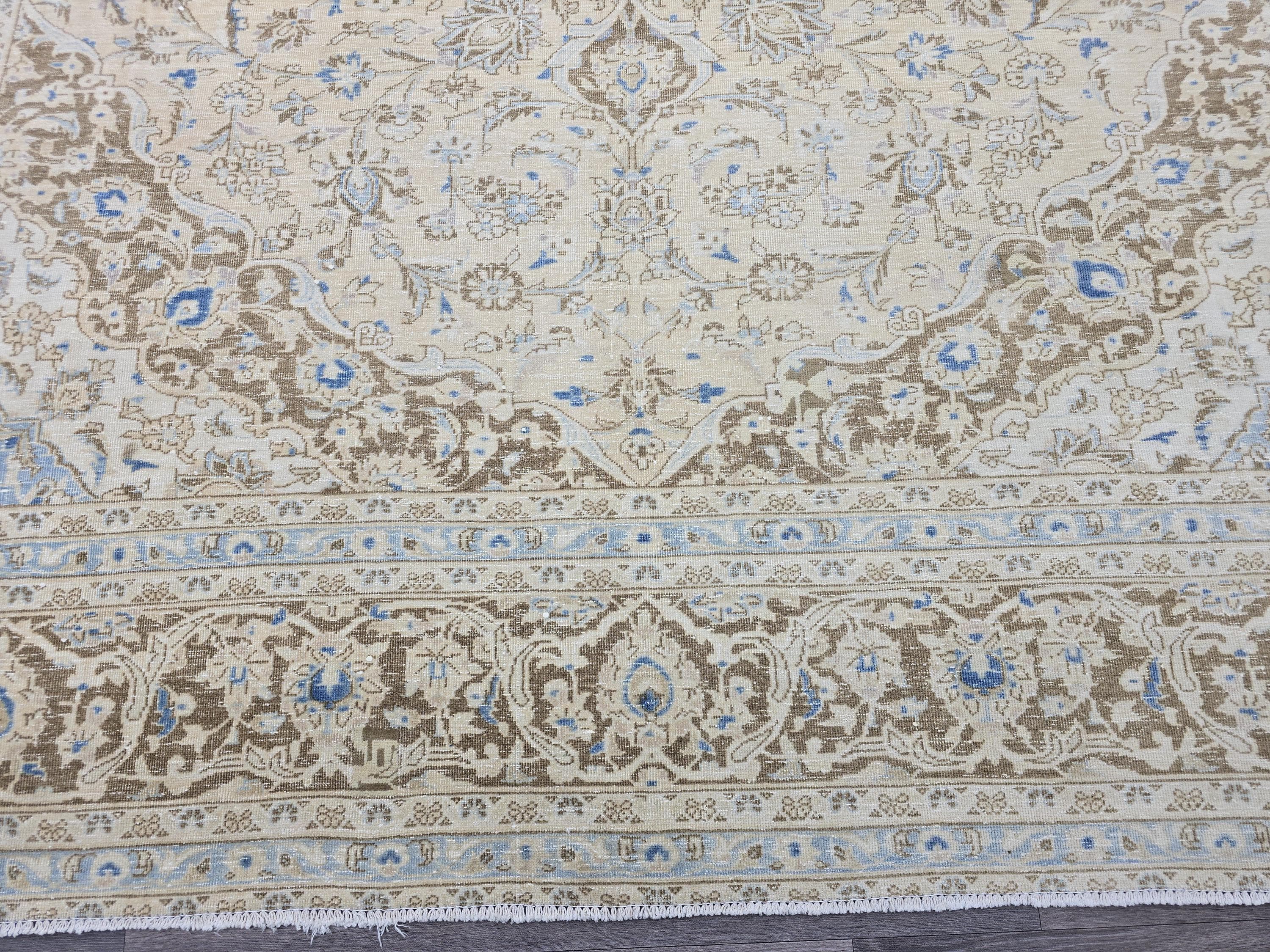 Vintage Oushak Rug 9x12: Handmade Wool, Blue Beige Floral Medallion
