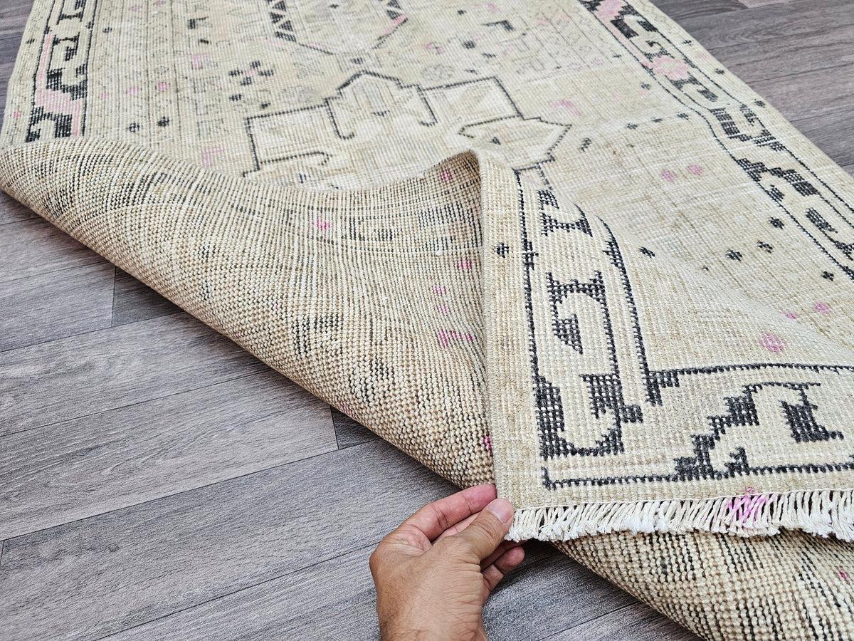 Vintage Turkish Oushak Wool Runner Rug: 3x12 Neutral Hallway Carpet