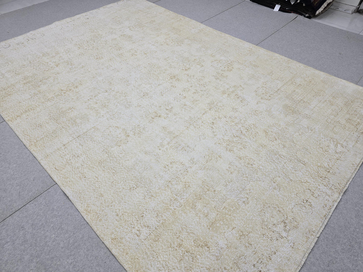 7x10 Handknotted Turkish Oushak Rug, Cream Beige Faded Wool Carpet