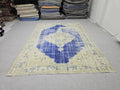 Vintage Turkish Oushak Rug 7x10, Cream Blue Oriental Wool Carpet
