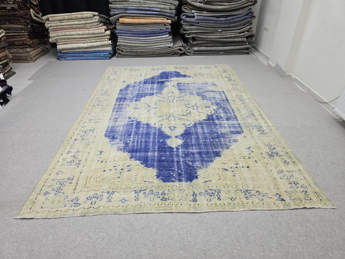 Vintage Turkish Oushak Rug 7x10, Cream Blue Oriental Wool Carpet