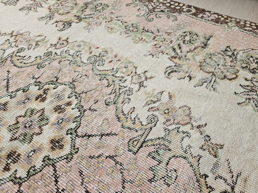 6x10 Vintage Turkish Oushak Rug: Hand-Knotted Wool Area Rug Pink Cream Brown Wool Rug for Diningroom and Office