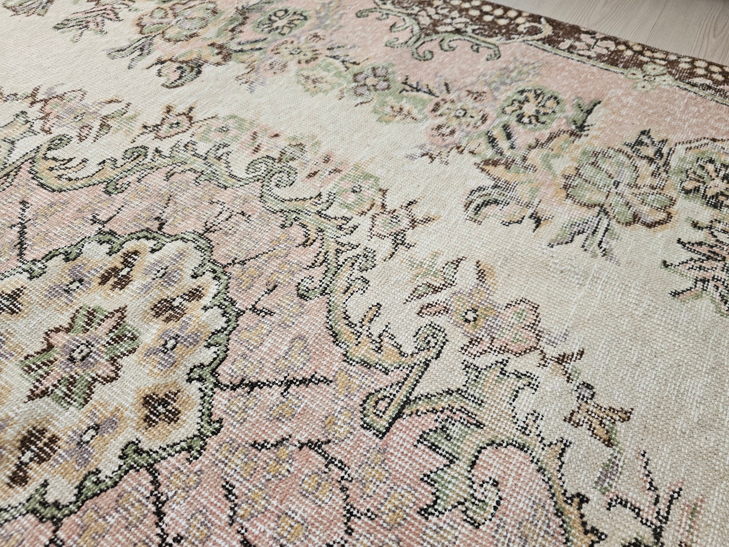 6x10 Vintage Turkish Oushak Rug: Hand-Knotted Wool Area Rug Pink Cream Brown Wool Rug for Diningroom and Office