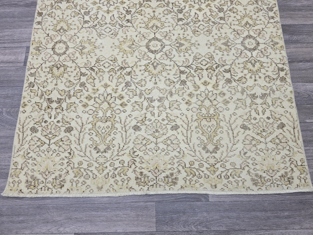 Vintage Turkish Oushak Runner Rug 4x7: Beige Wool Hallway Carpet