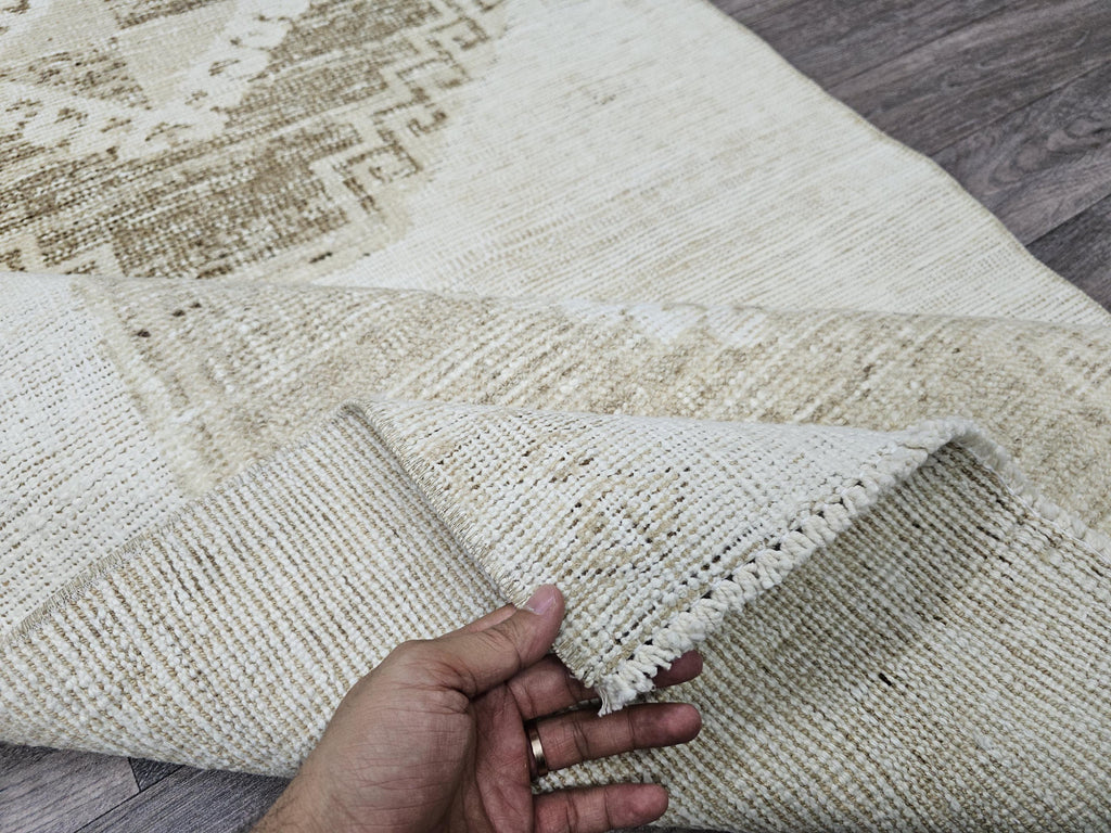 Vintage Hand-Knotted Wool Runner Rug: 3x10.5 ft Beige Brown Oriental