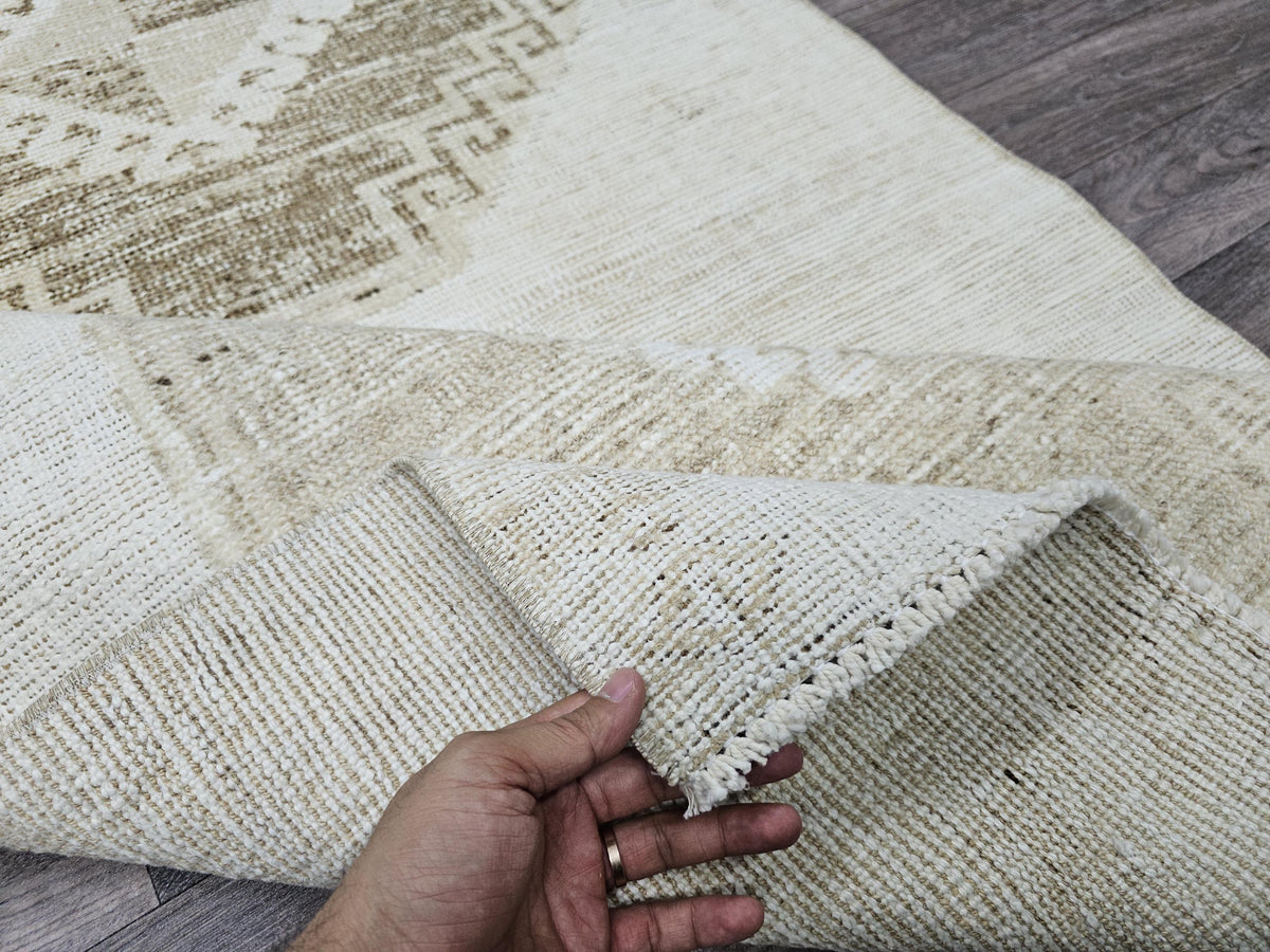 Vintage Hand-Knotted Wool Runner Rug: 3x10.5 ft Beige Brown Oriental