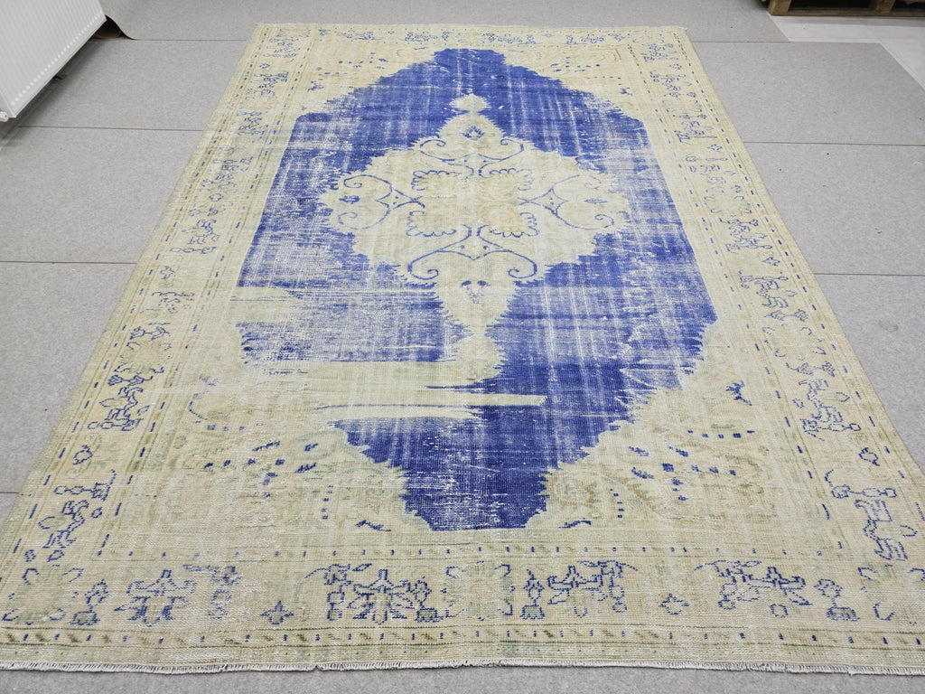 Vintage Turkish Oushak Rug 7x10, Cream Blue Oriental Wool Carpet