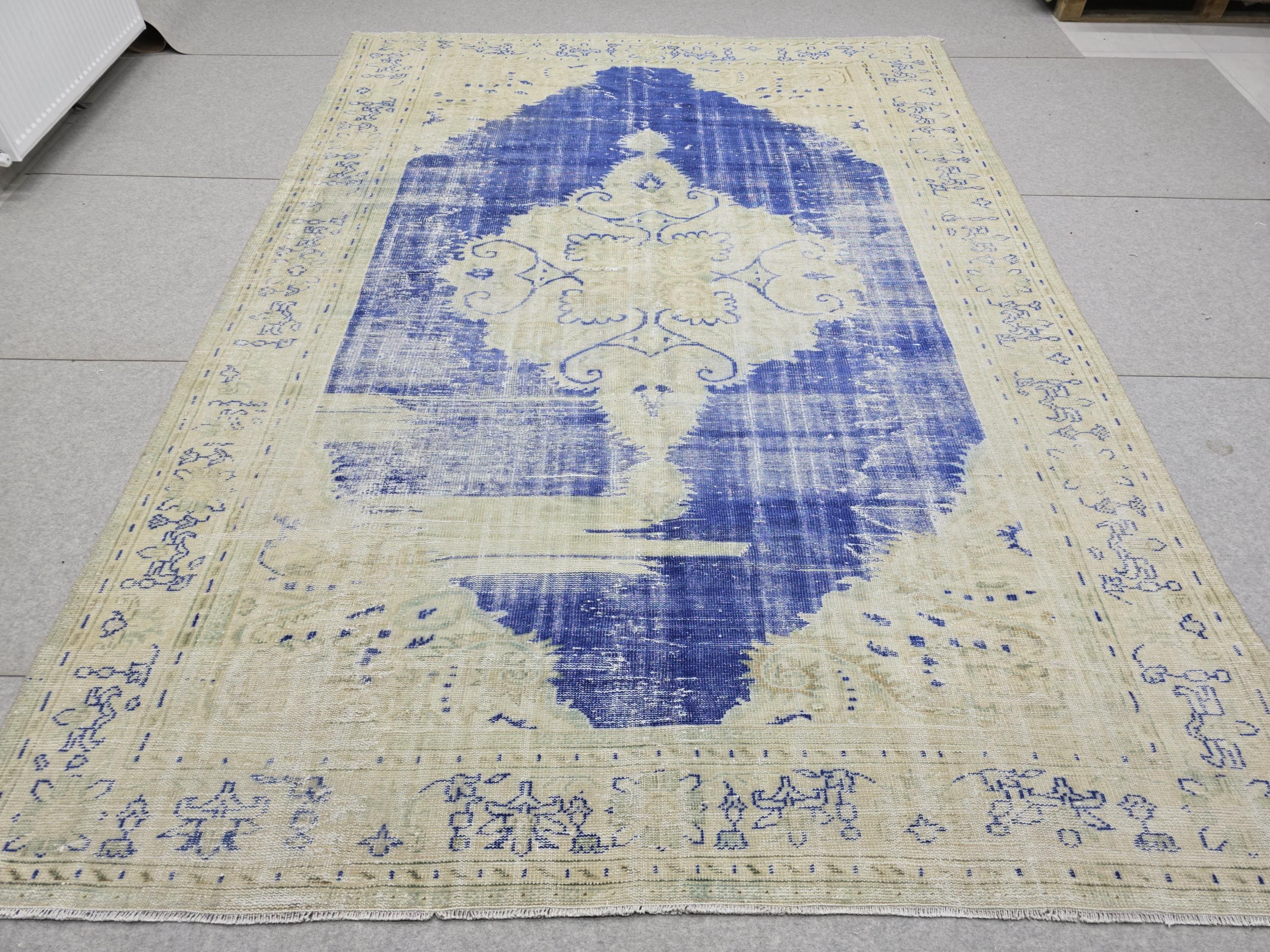 Vintage Turkish Oushak Rug 7x10, Cream Blue Oriental Wool Carpet