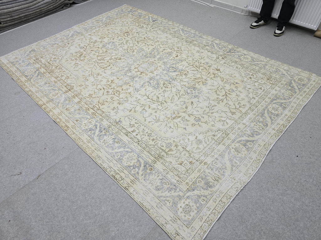 Oushak Rug 7.50x10.60 feet, Blue Medallion Turkish Carpet, Muted Cream Beige Floral, Vintage Tabriz Style Area Rug, Living Room