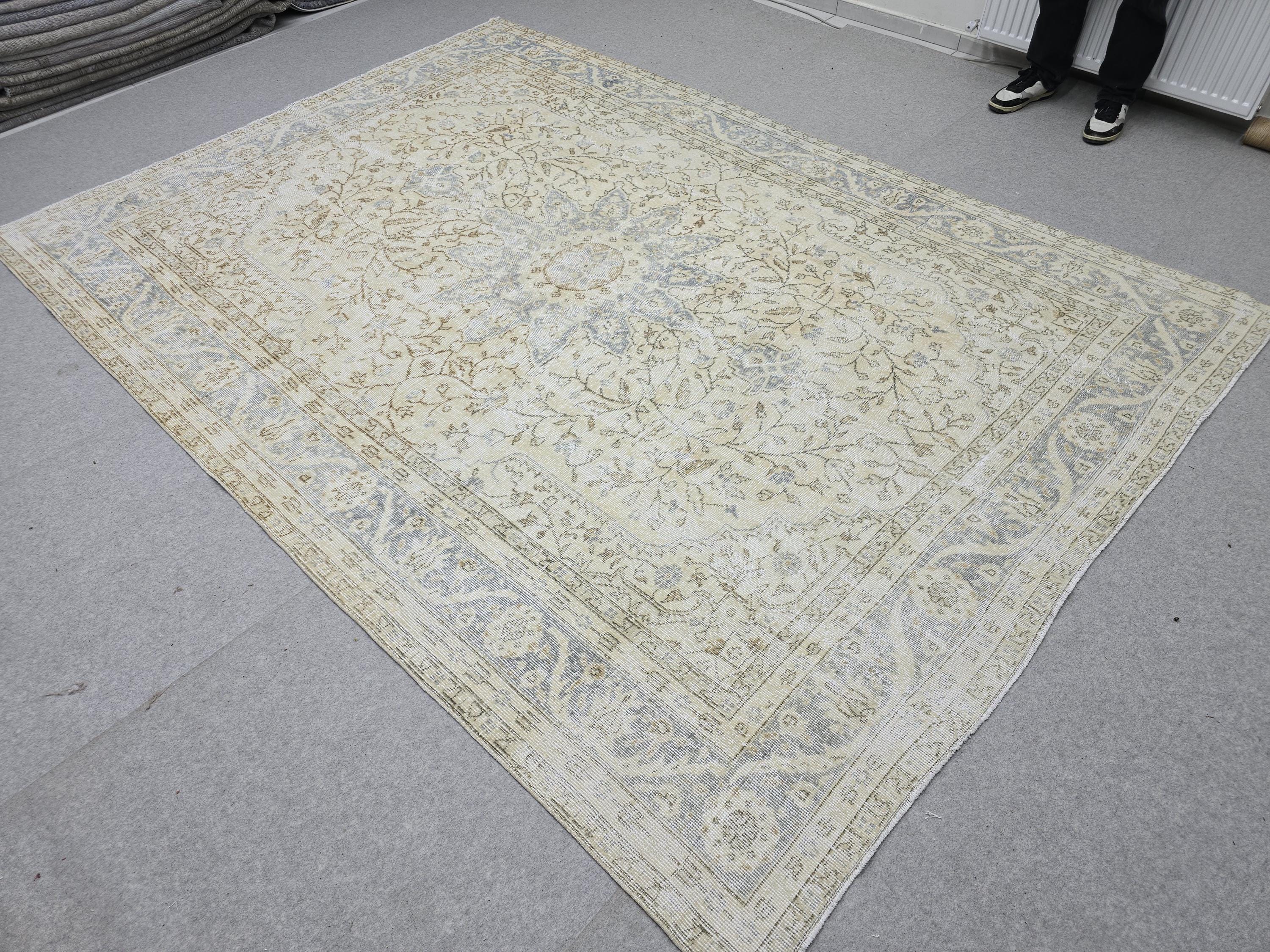 Oushak Rug 7.50x10.60 feet, Blue Medallion Turkish Carpet, Muted Cream Beige Floral, Vintage Tabriz Style Area Rug, Living Room