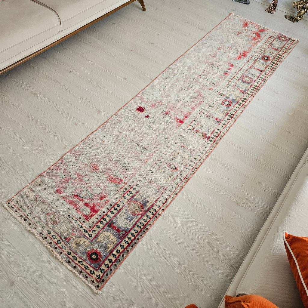 Vintage Turkish Oushak Runner Rug: 2.6x10 ft, Narrow Floral Wool Rug