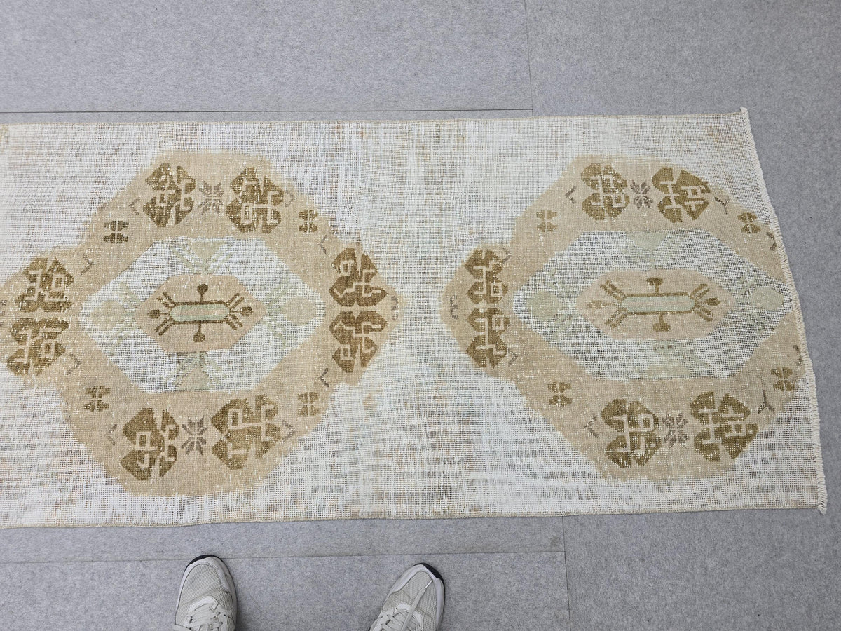 Turkish Rug 3x11, Faded Vintage Anatolian Wool Runner, Hand Knotted Neutral Medallion Hallway Runner, Boho Farmhouse Decor