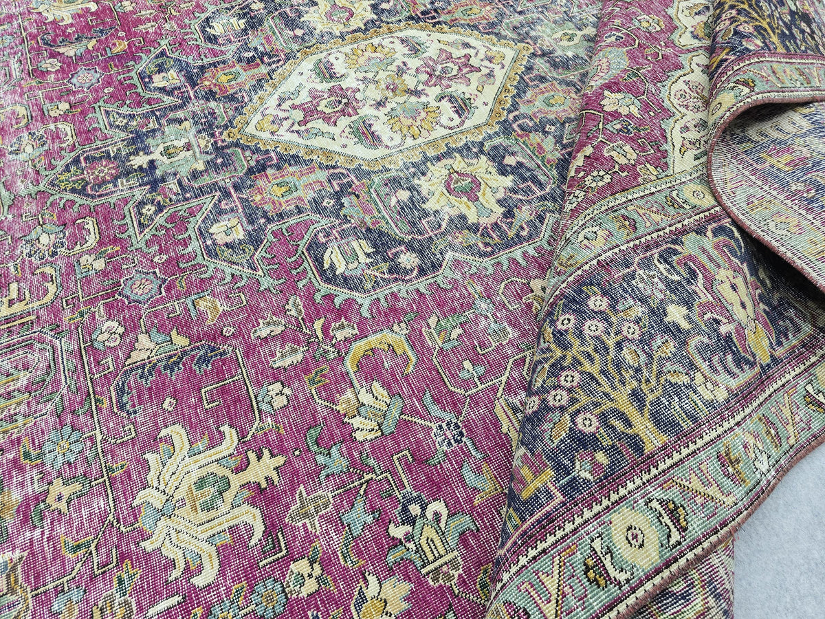 Hand Knotted Oushak Rug 9x13, Bold Magenta Floral Turkish Wool Carpet