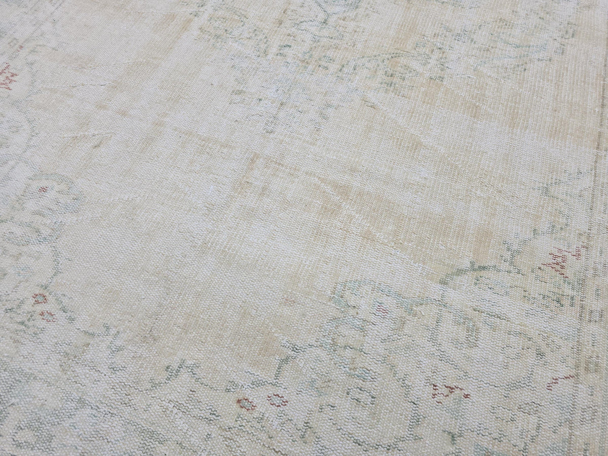 Vintage Oushak Rug 6x9: Hand-Knotted Turkish Wool Rug, Cream & Mint
