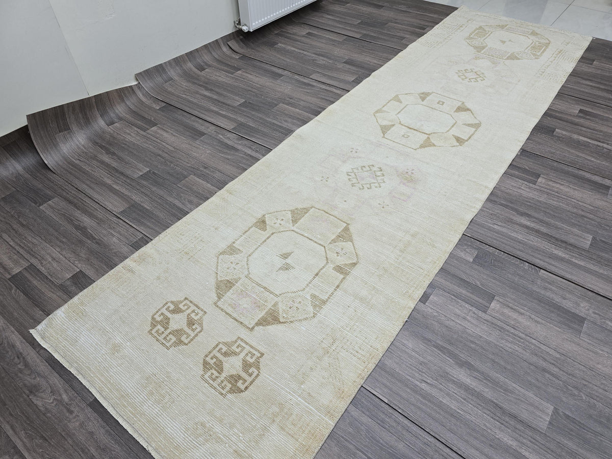 Handwoven Oushak Runner Rug: 3.5x12.7 ft, Neutral Turkish Vintage Rug