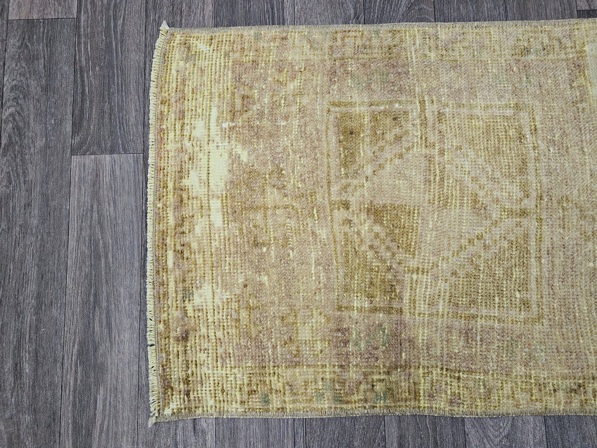 Hand Knotted Wool Bath Mat: 21x33 Neutral Vintage Turkish Oushak Rug