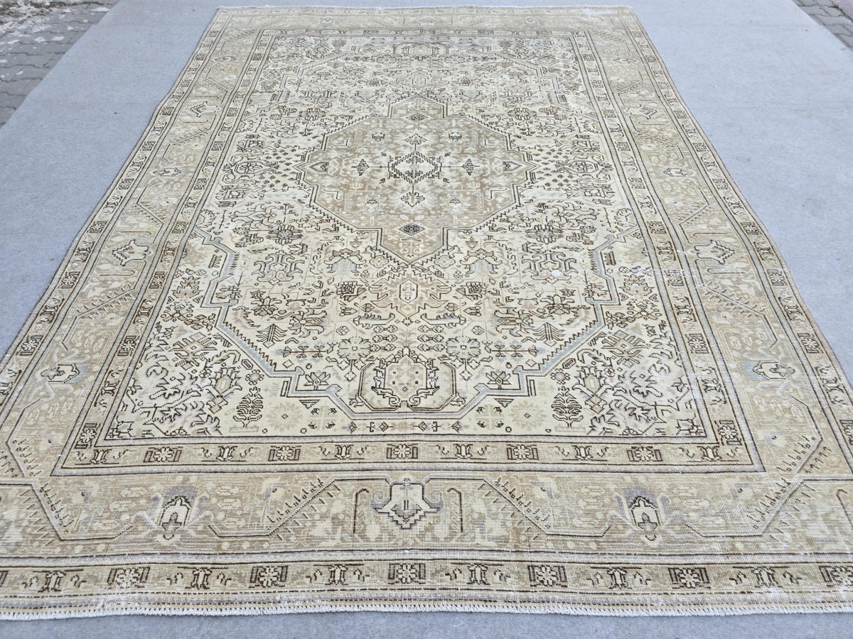 Oushak Rug 8x11, Neutral Vintage Turkish Rug, Beige Wool Area Rug for Living Room, Muted Medallion Rug, Boho Bedroom and Office Decor