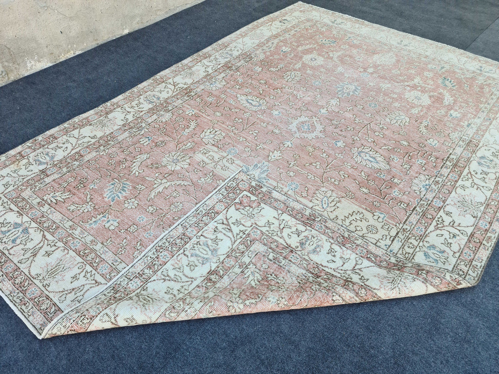 Muted Oushak Pink Rug: 6.85x9.85 ft, Handmade Vintage Turkish Floral Wool Carpet