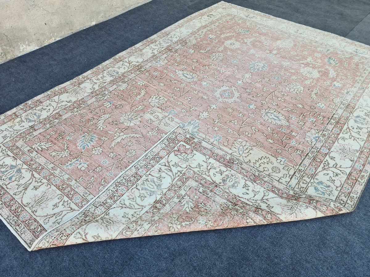 Muted Oushak Pink Rug: 6.85x9.85 ft, Handmade Vintage Turkish Floral Wool Carpet