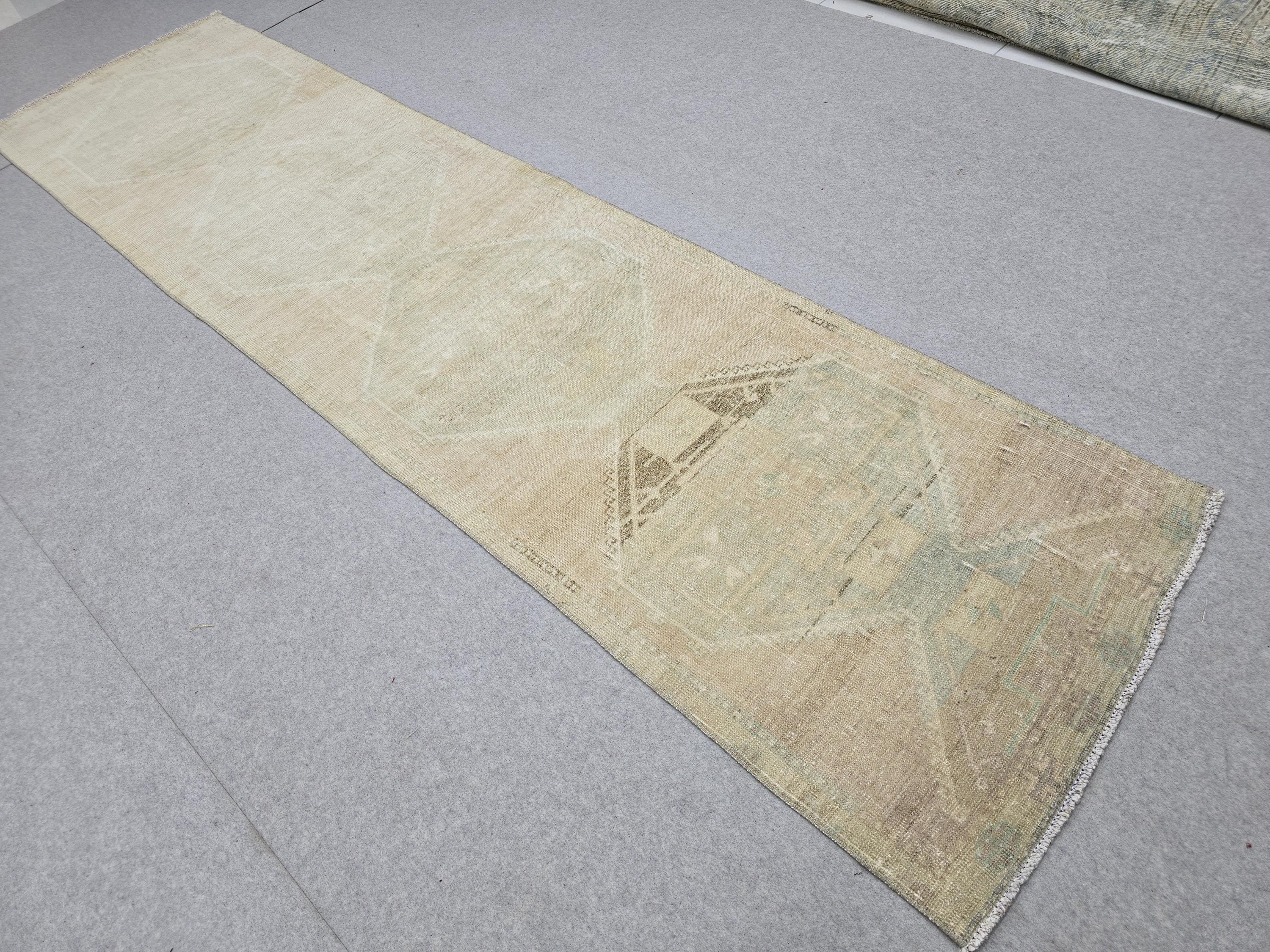 Turkish Rug 3x12, Neutral Runner Rug, Faded Distressed Wool Hallway Runner, Muted Oushak Stair Runner, Vintage Boho Kitchen Carpet