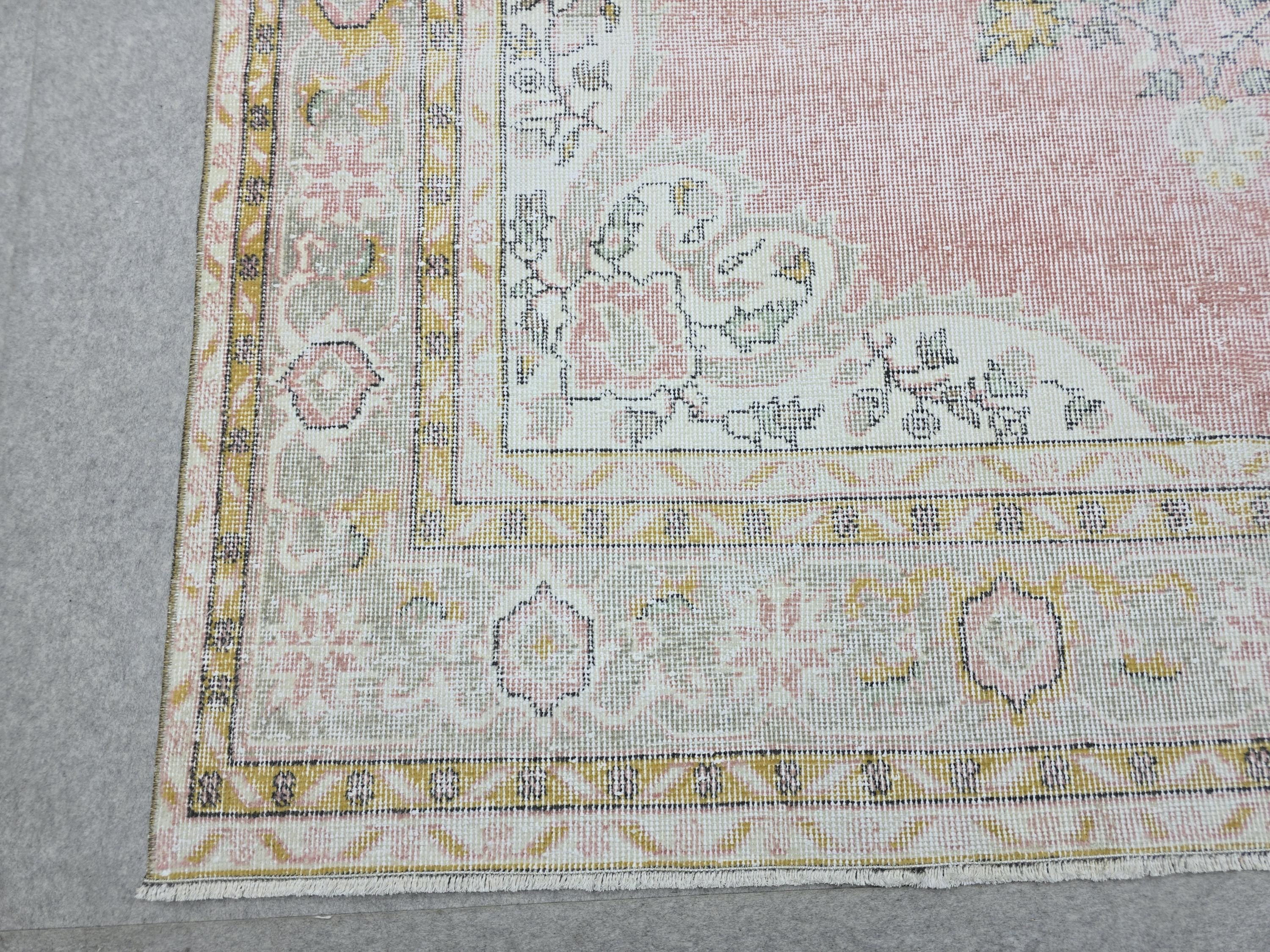 Muted Pink Vintage Oushak Rug 6'5"x9'8" | Neutral Turkish Area Rug Faded Boho Living Room
