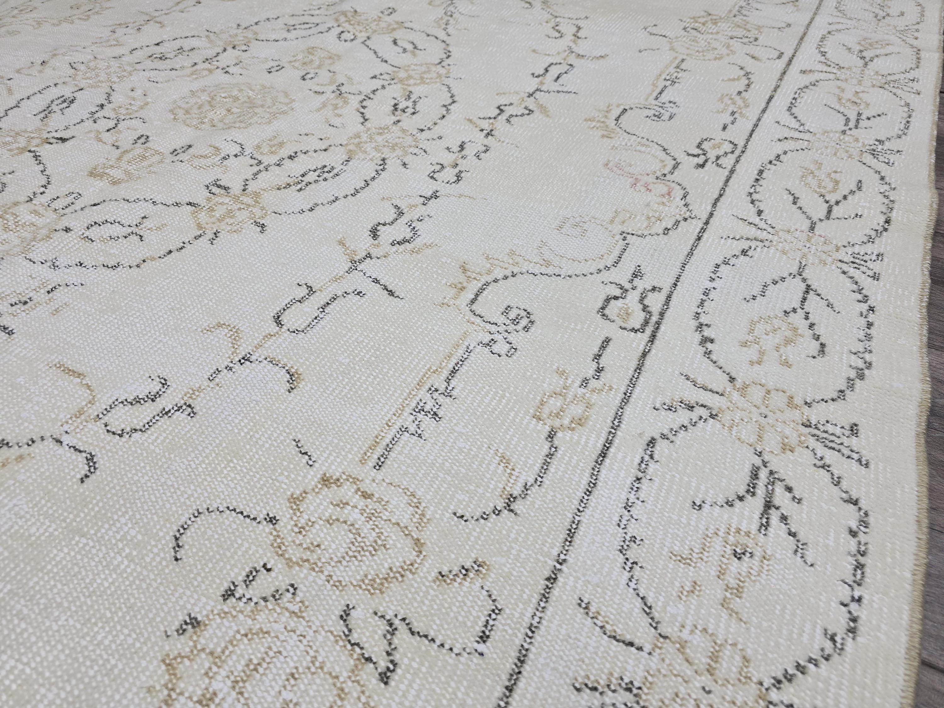 Hand Knotted Oushak Rug 6x10: Vintage Turkish Wool Cream Floral Carpet