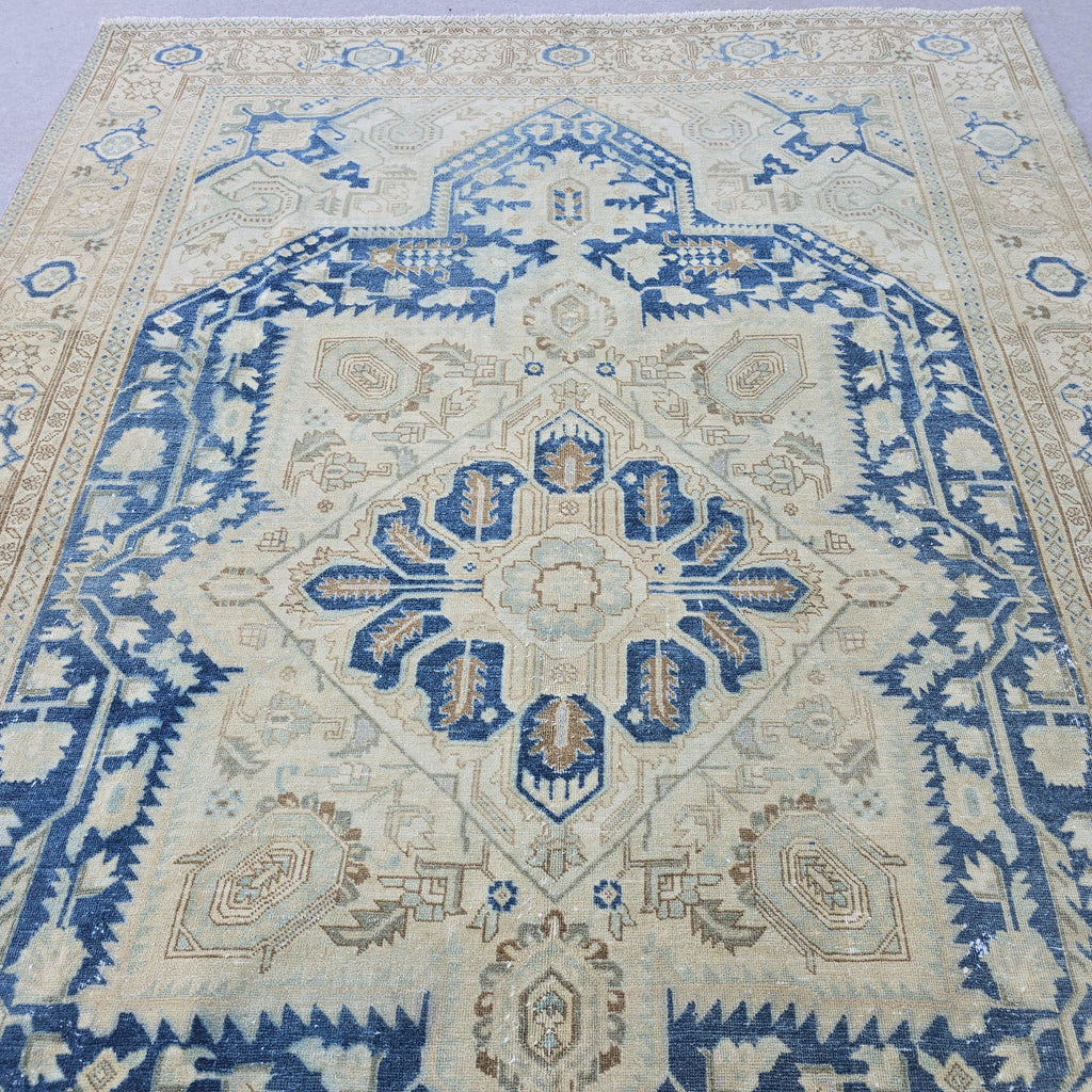 7x10 Vintage Oushak Rug Blue Cream Geometric Hand Knotted Turkish Area Carpet