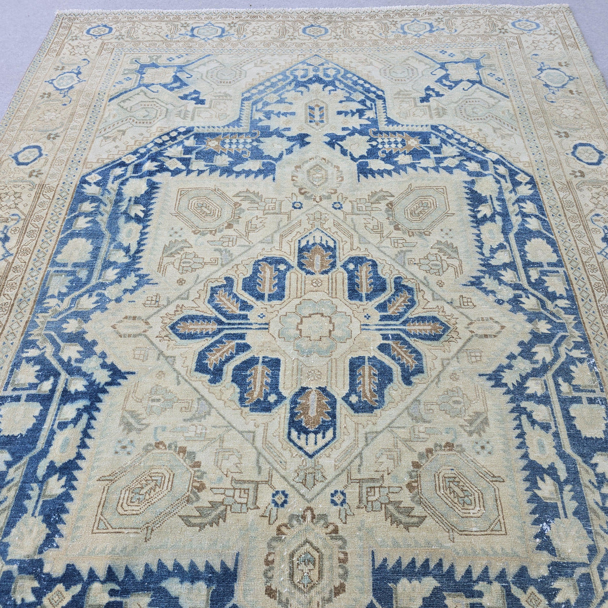 7x10 Vintage Oushak Rug Blue Cream Geometric Hand Knotted Turkish Area Carpet